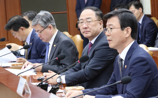 발언하는 문성혁 해수부 장관 (서울=연합뉴스) 김승두 기자 = 문성혁 해양수산부 장관(오른쪽)이 23일 정부서울청사에서 홍남기 부총리가 주재한 제20차 산업경쟁력 강화 관계장관회의에 첫 참석해 발언하고 있다. 2019.4.23 kimsdoo@yna.co.kr (끝)
